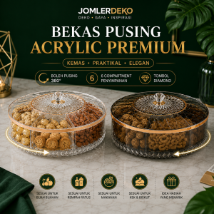 Bekas Rencah Putar 360 Acrylic Premium JOMLERDEKO dengan 6 kompartmen dan bekas tengah sesuai untuk rencah laksa, mee sup, salad, buah potong, kuih raya, candy dan snek.