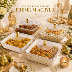 Koleksi Bekas Hidang Premium Acrylic JOMLERDEKO dengan penutup bertutup, pemegang dan kemasan gold mewah sesuai untuk pelbagai hidangan seperti lauk, nasi, mee, kuih dan pencuci mulut.