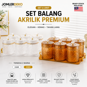 Bekas kuih raya akrilik premium JOMLERDEKO ANGGUN set 6 unit bersama dulang dengan penutup pusing Screw Lid kedap udara warna Amber dan Clear sesuai untuk biskut raya, kerepek, kacang dan candy.