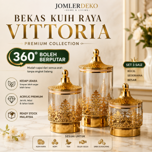 Bekas Kuih Raya Vittoria Premium 360° boleh berputar dengan penutup kedap udara. Bekas simpanan acrylic premium sesuai untuk kuih raya, biskut, kopi, teh, gula-gula dan snek. Ready Stock Malaysia oleh JOMLERDEKO.