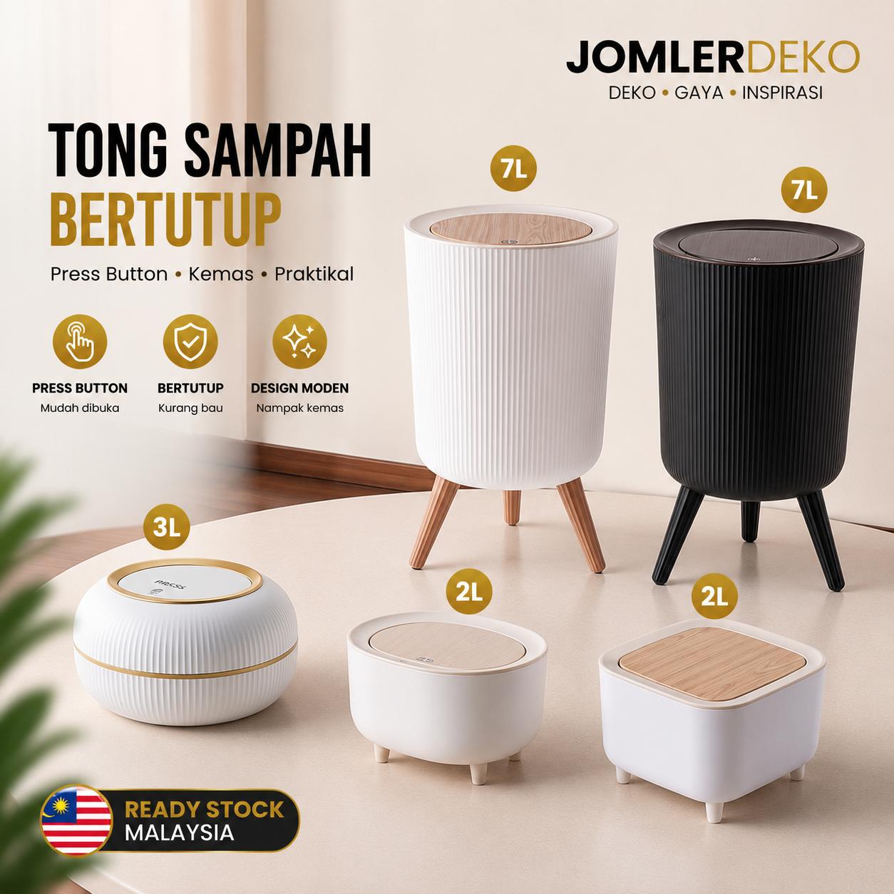 Tong sampah bertutup minimalis 2L 3L dan 7L dengan pelbagai pilihan reka bentuk