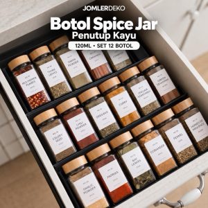 Set 12 botol rempah kaca 120ML penutup kayu JOMLERDEKO